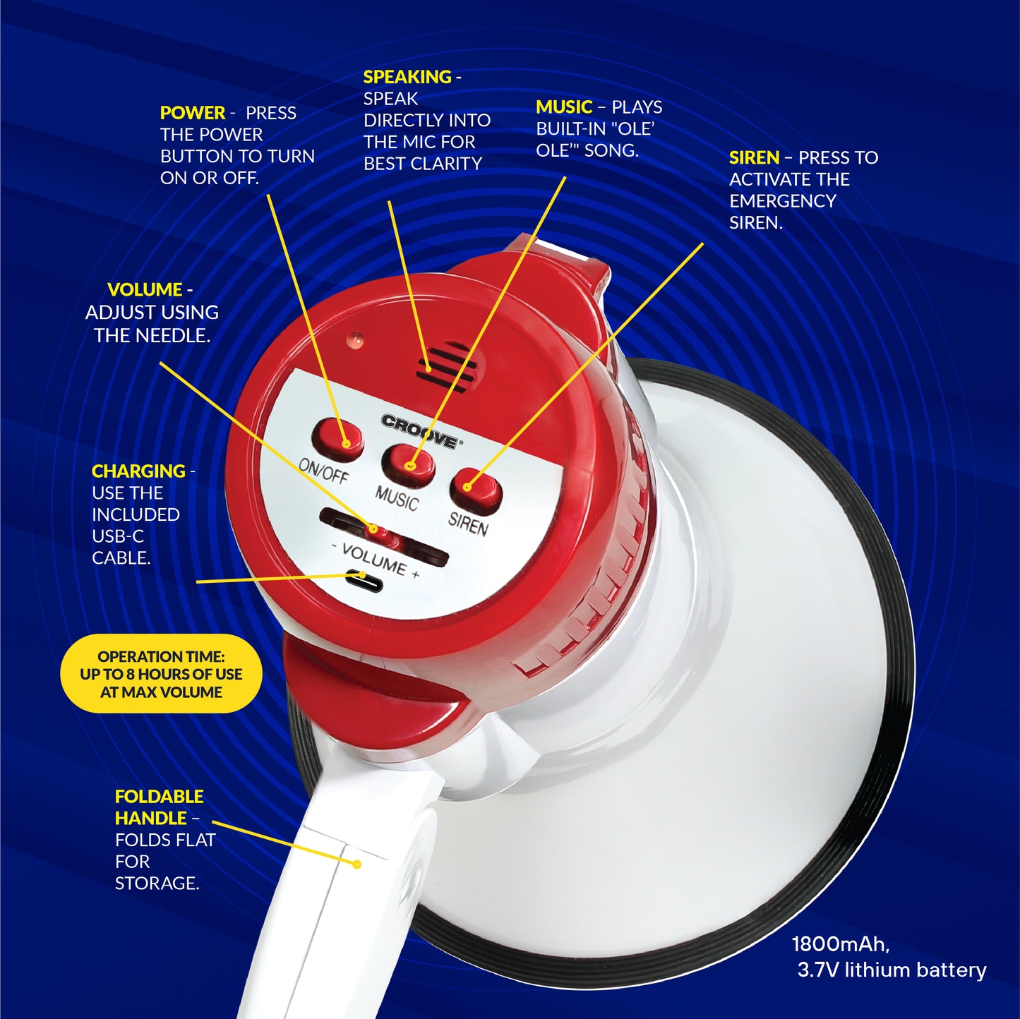 Rechargeable Megaphone Bullhorn Speaker, 1000 Yard Range, Lightweight, With Siren & Music
