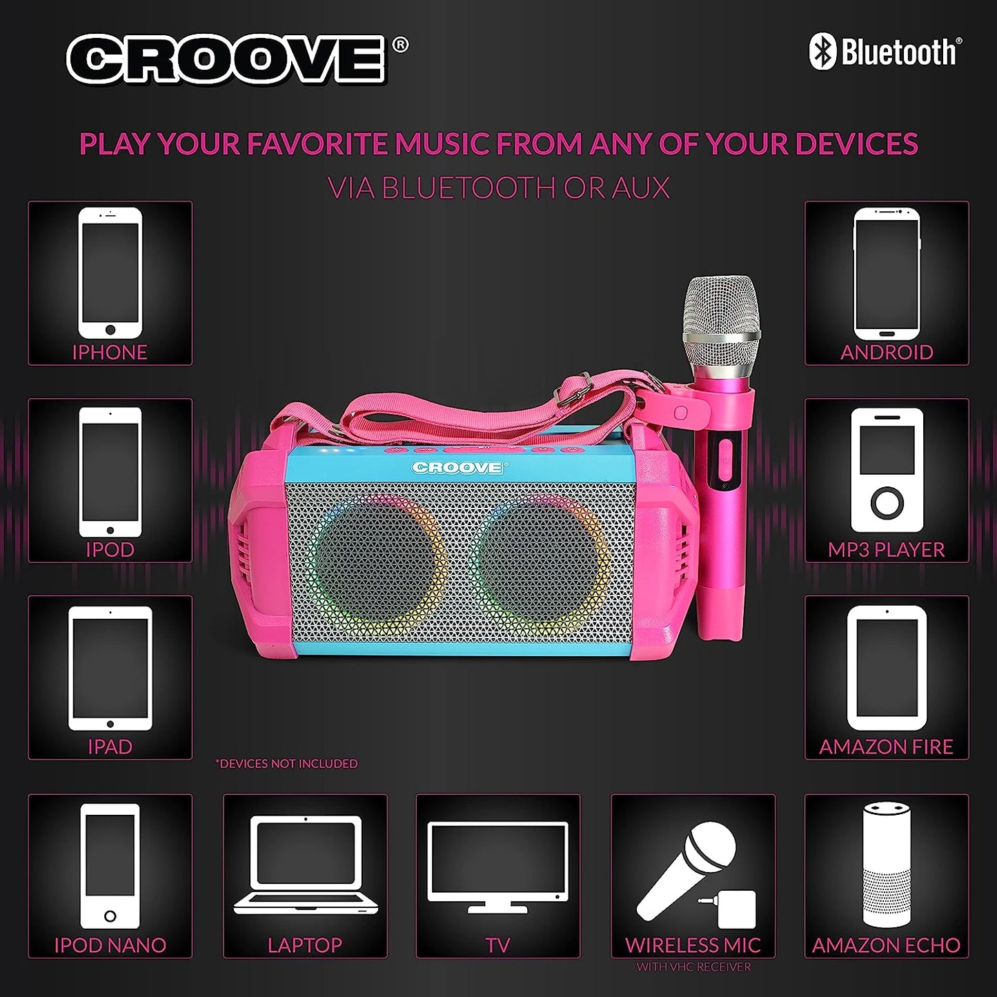 Croove Sling & Sing Portable Karaoke Machine, Wireless Karaoke, Bluetooth Speaker with Microphone