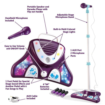 Little Pretender Kids Karaoke Machine with 2 Microphones and Adjustable Stand, Music Sing Along with Flashing Stage Lights and Pedals for Fun Musical Effects