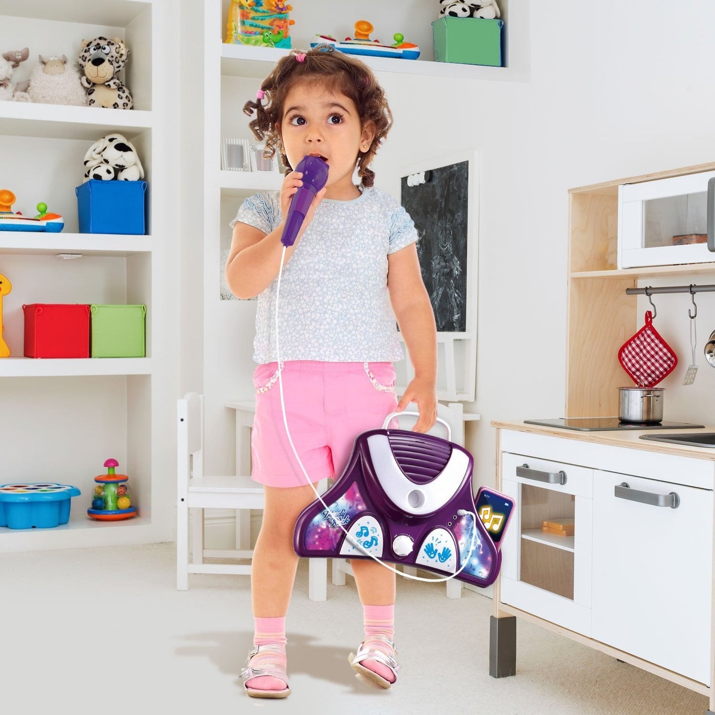 Little Pretender Kids Karaoke Machine with 2 Microphones and Adjustable Stand, Music Sing Along with Flashing Stage Lights and Pedals for Fun Musical Effects