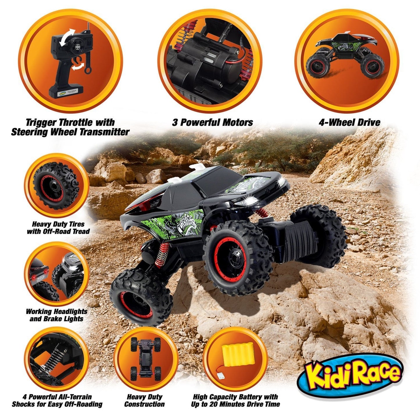 Kidirace All Terrain RC Rock Crawler - Black