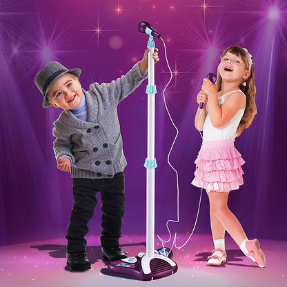 Little Pretender Kids Karaoke Machine with 2 Microphones and Adjustable Stand, Music Sing Along with Flashing Stage Lights and Pedals for Fun Musical Effects