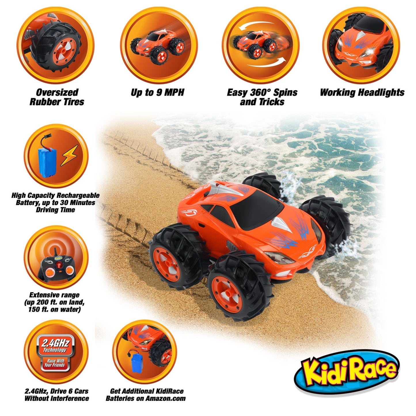 KidiRace Amphibious Remote Control Car ‒ Orange ‒ 360 Degree Spin Aqua Stunt RC Car