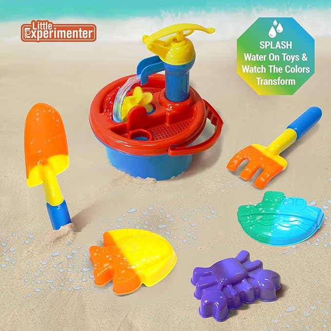 Little Experimenter Color Changing Beach Toy Set | Includes Bucket with Lid, Water Pump, Shovels and Molds | Outdoor, Beach, Sand Toys | STEM Learning Toys | Ages 3plus