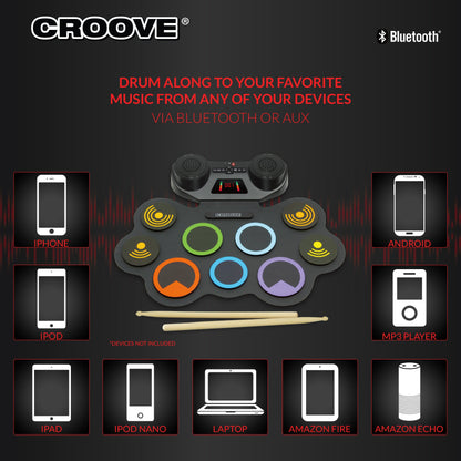 Croove Electronic Drum Set | 9 Drum Pads & 2 Pedals | Rechargeable Kids Drum Set | Headphone Jack Makes It A Great Drum Set For Kids | Wooden Drum Sticks