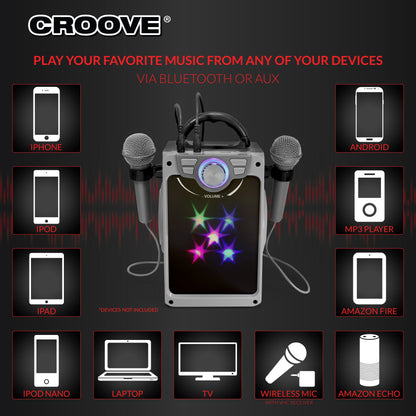 Croove POP BOX Karaoke Machine for Kids with 2 Microphones and Flashing Disco Lights (Black)