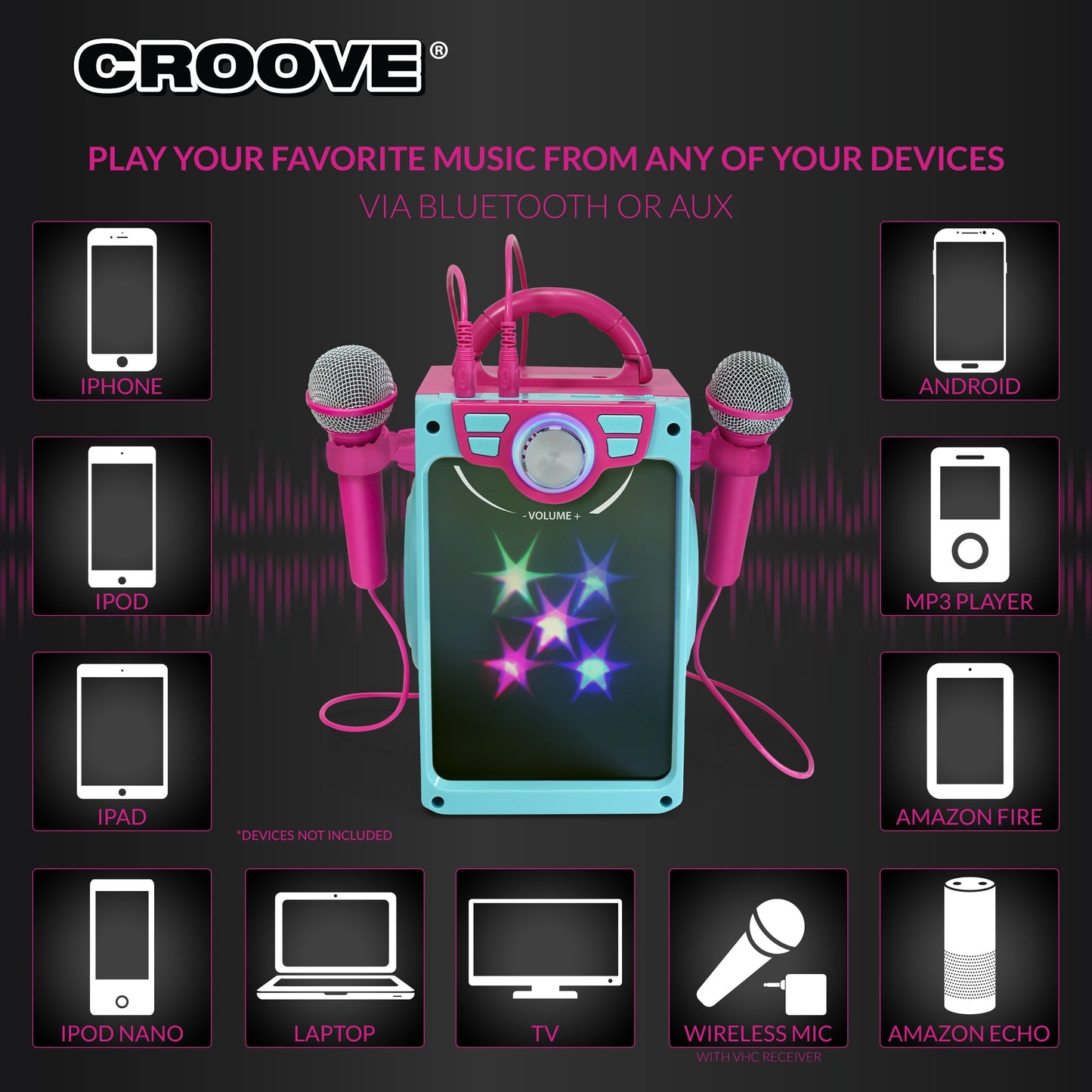 Croove POP Box Karaoke Machine for Kids with 2 Microphones and Flashing Disco Lights (Pink)