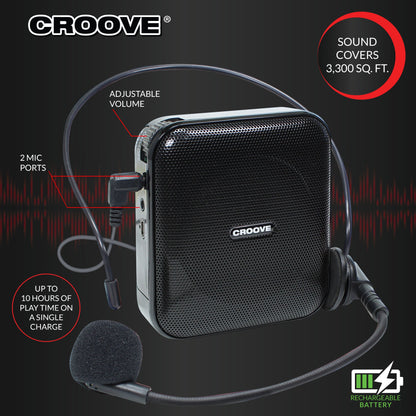 Croove Voice Amplifier: Portable Rechargeable Microphone with Headset & Belt Clip - Ideal for Classroom Teachers & Tour Guides