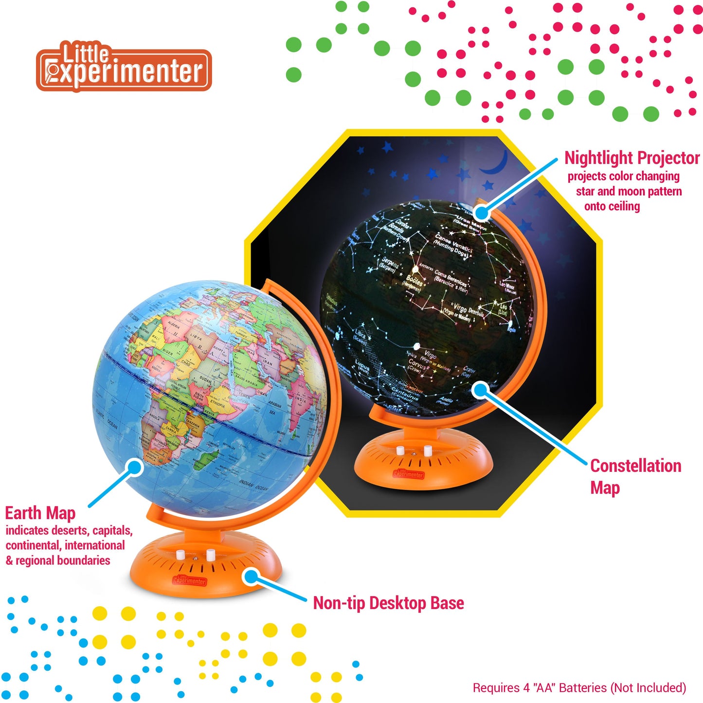 3-in-1 Light Up Globe for Kids - 8” Illuminated Star Map World Globes With Built-in Night Lamp Projector, And Stand - Learning & Educational Stem Toys, Gifts for Kids Ages 8 9 10 11 12 13+ Years Old