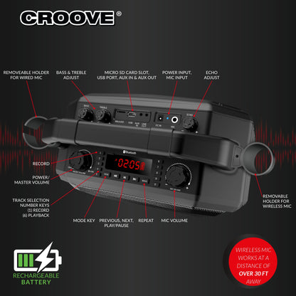 Croove Portable Karaoke Machine Party Box Rechargeable with Bluetooth/AUX/USB/SD Card Connectivity, Wireless & Wired Microphones, and Advanced Audio Controls