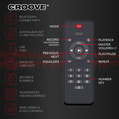 Croove Portable Karaoke Machine Party Box Rechargeable with Bluetooth/AUX/USB/SD Card Connectivity, Wireless & Wired Microphones, and Advanced Audio Controls