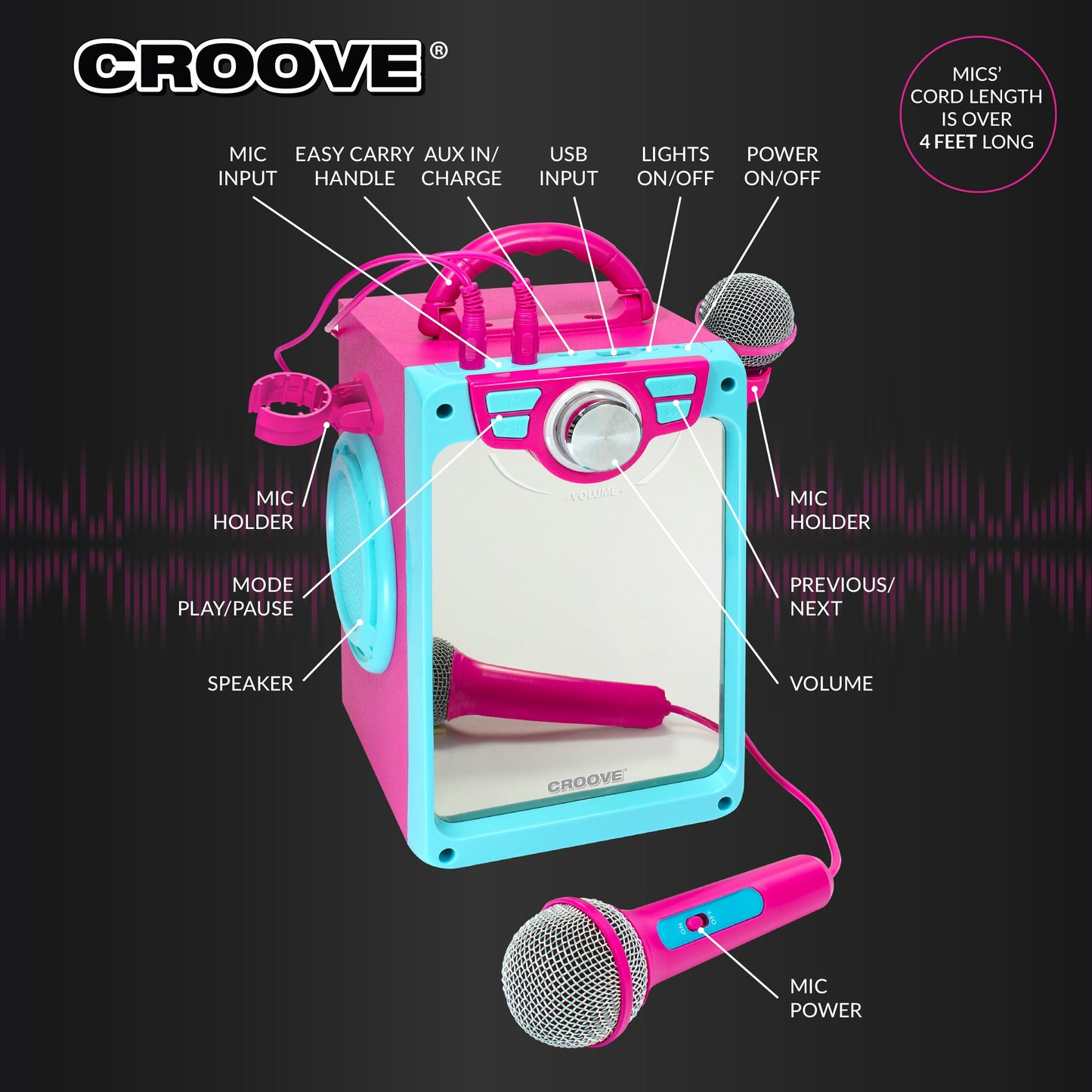 Croove POP Box Karaoke Machine for Kids with 2 Microphones and Flashing Disco Lights (Pink)