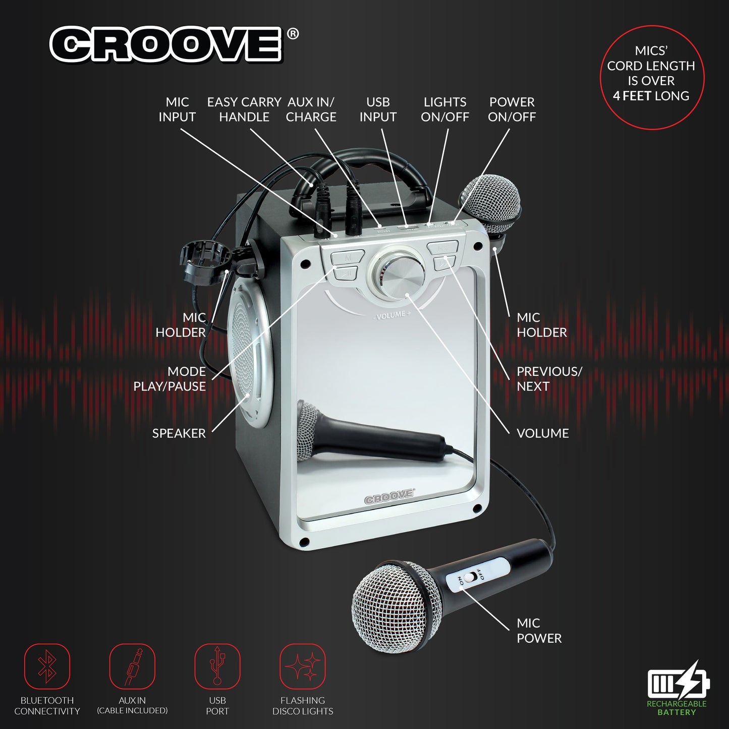 Croove POP BOX Karaoke Machine for Kids with 2 Microphones and Flashing Disco Lights (Black)