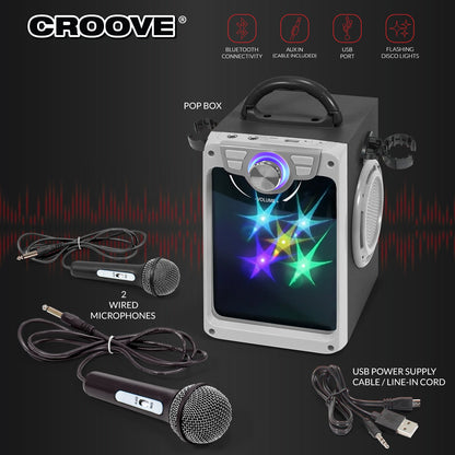 Croove POP BOX Karaoke Machine for Kids with 2 Microphones and Flashing Disco Lights (Black)