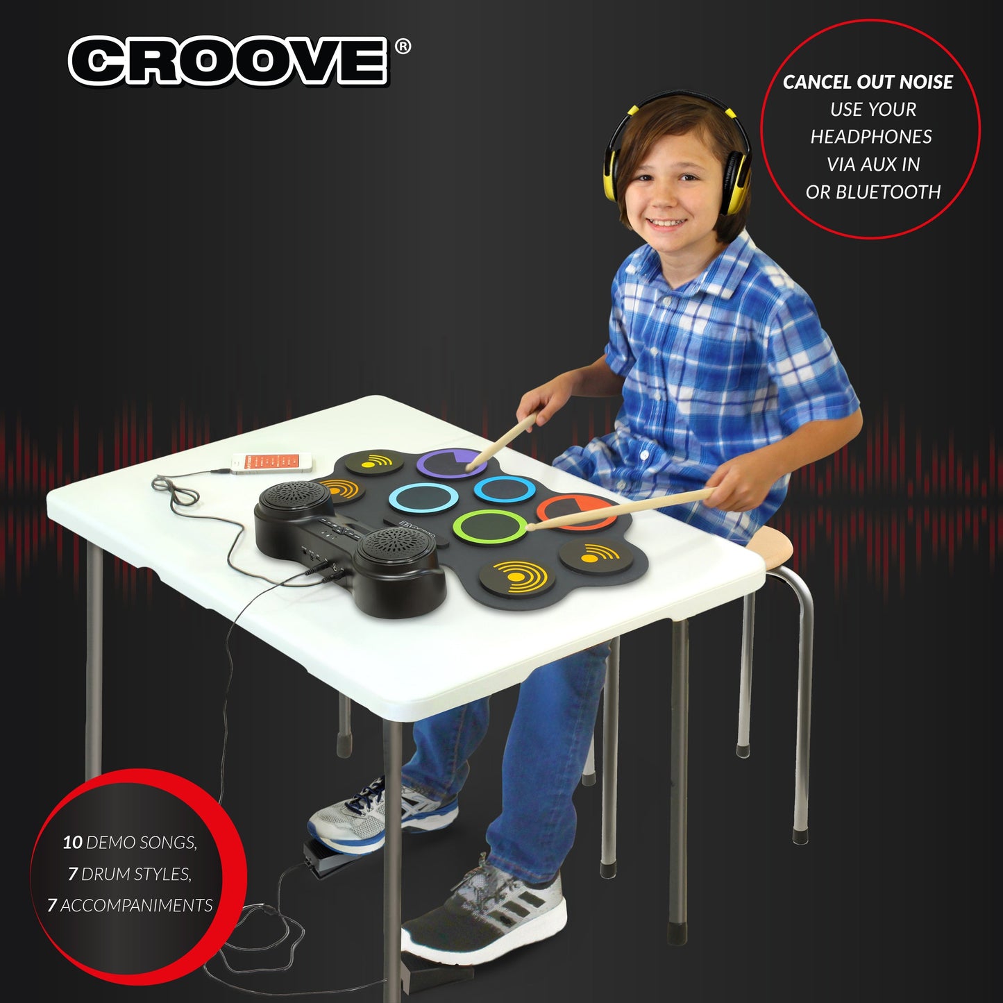 Croove Electronic Drum Set | 9 Drum Pads & 2 Pedals | Rechargeable Kids Drum Set | Headphone Jack Makes It A Great Drum Set For Kids | Wooden Drum Sticks