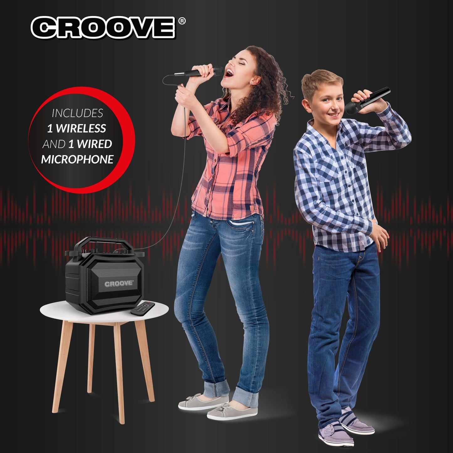 Croove Portable Karaoke Machine Party Box Rechargeable with Bluetooth/AUX/USB/SD Card Connectivity, Wireless & Wired Microphones, and Advanced Audio Controls