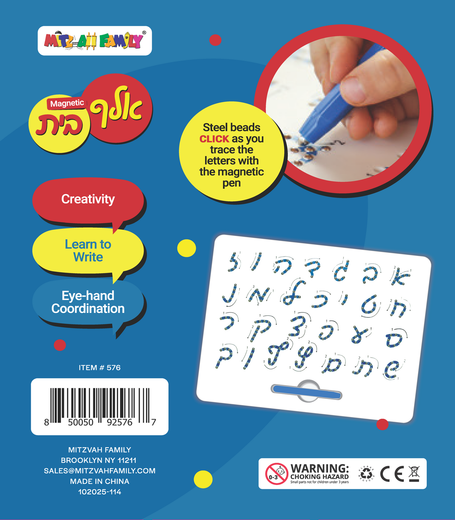 Magnetic Alef Beis Tracing Board, Yiddish Alphabet Learning Toy