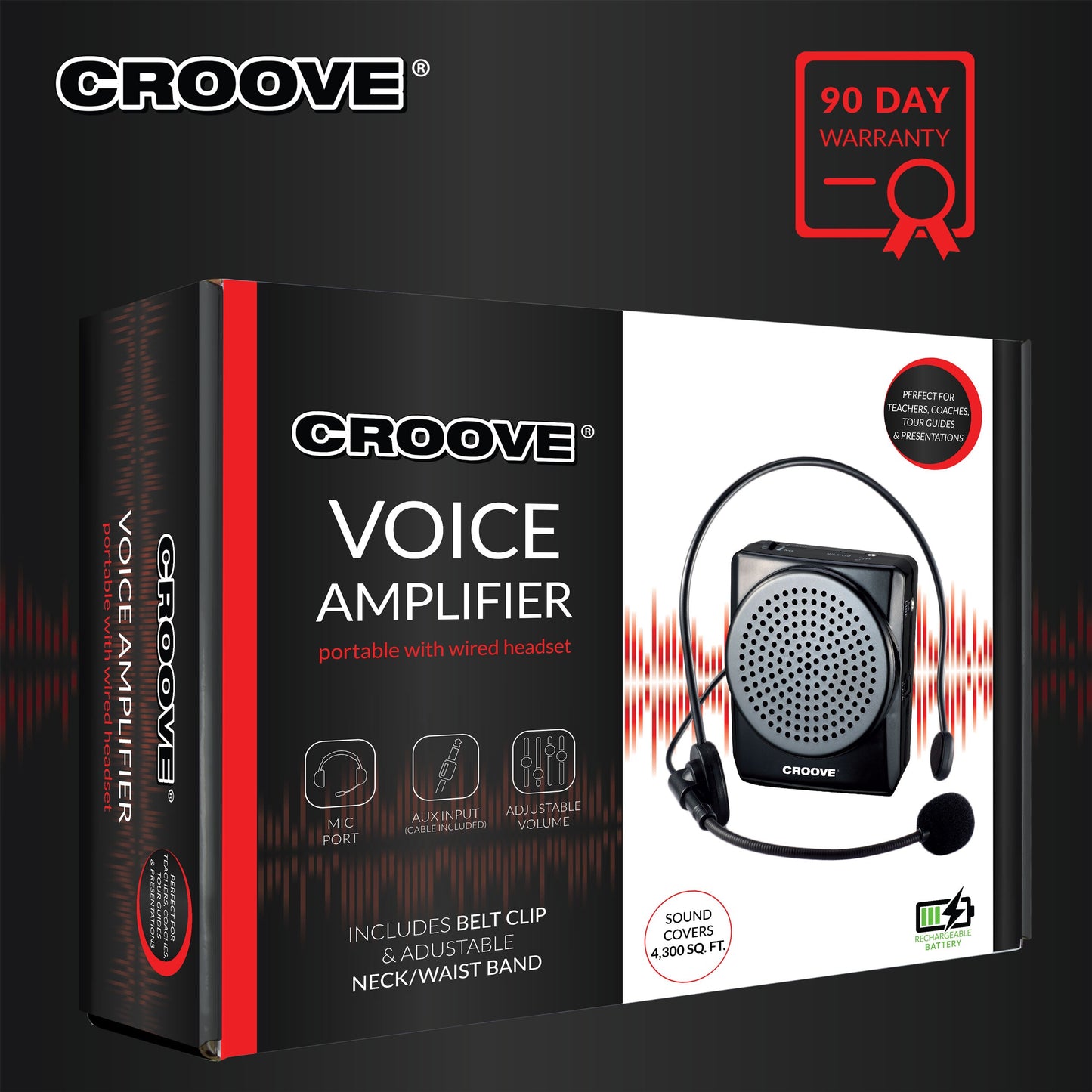 Croove Rechargeable Voice Amplifier, with Waist/Neck Band & Belt Clip, 20 Watts. Very Comfortable Headset