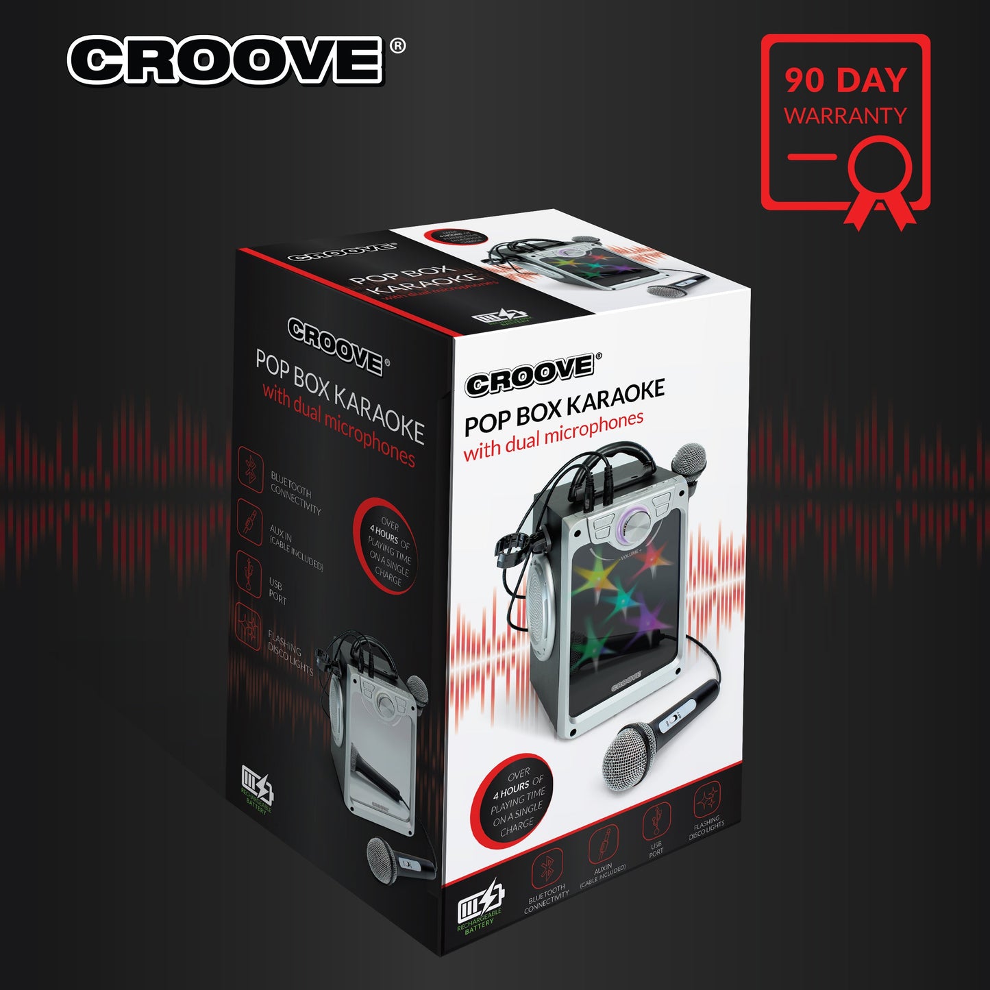 Croove POP BOX Karaoke Machine for Kids with 2 Microphones and Flashing Disco Lights (Black)