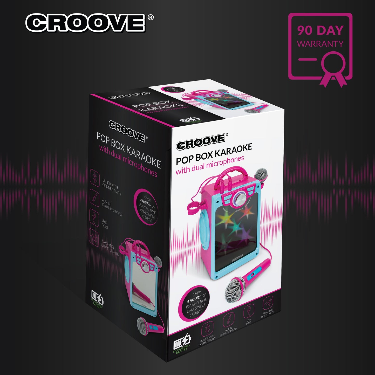 Croove POP Box Karaoke Machine for Kids with 2 Microphones and Flashing Disco Lights (Pink)