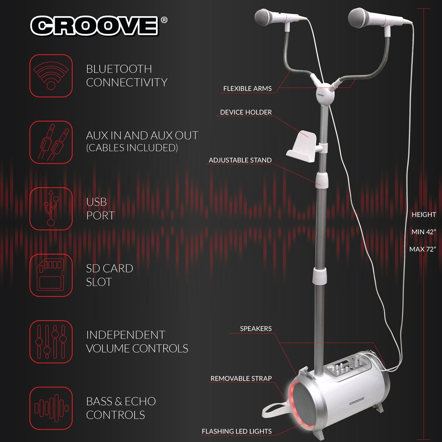 Croove Karaoke Machine for Adults and Kids with 2 Microphones, Streams Music via AUX, USB, SD Card Slot or Bluetooth