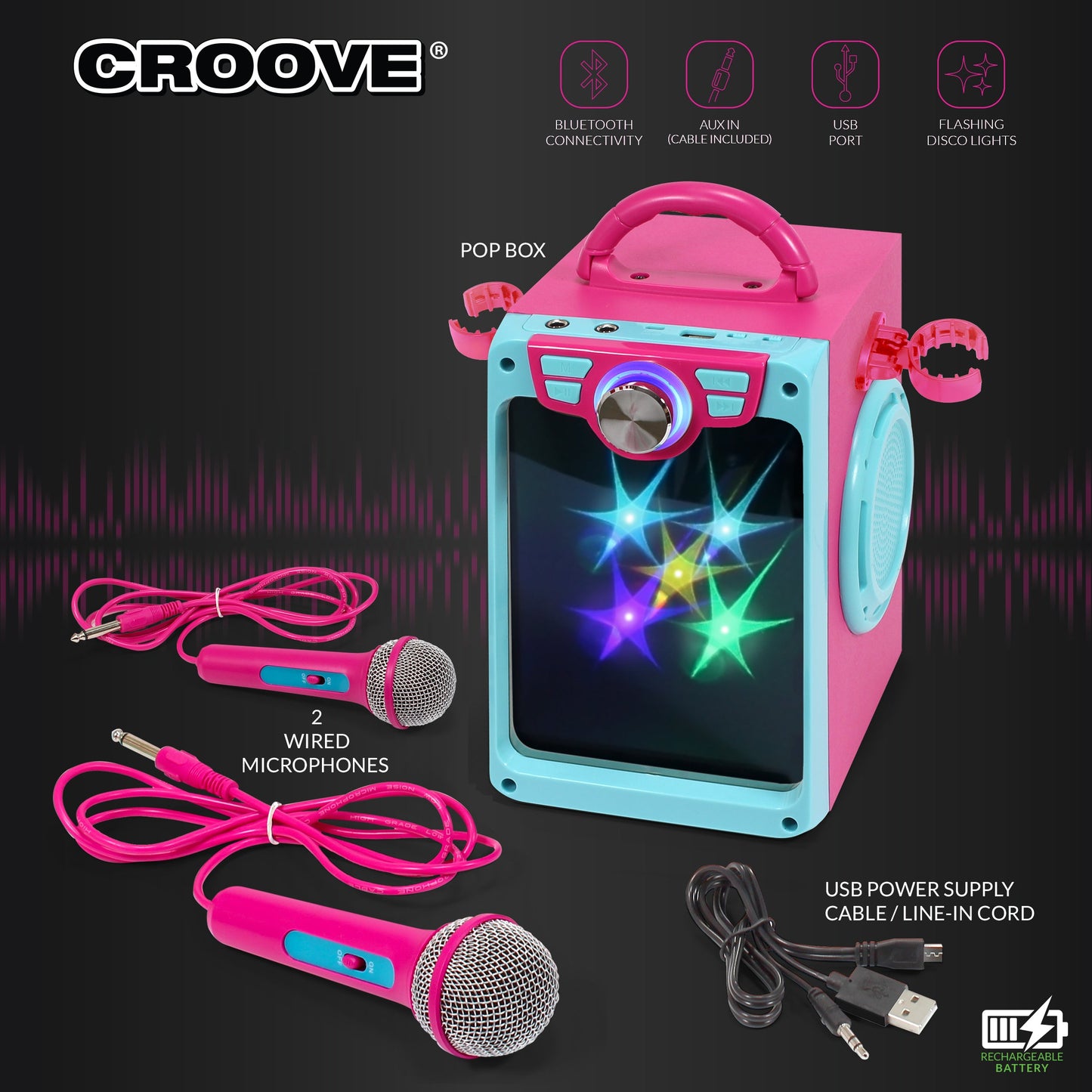 Croove POP Box Karaoke Machine for Kids with 2 Microphones and Flashing Disco Lights (Pink)