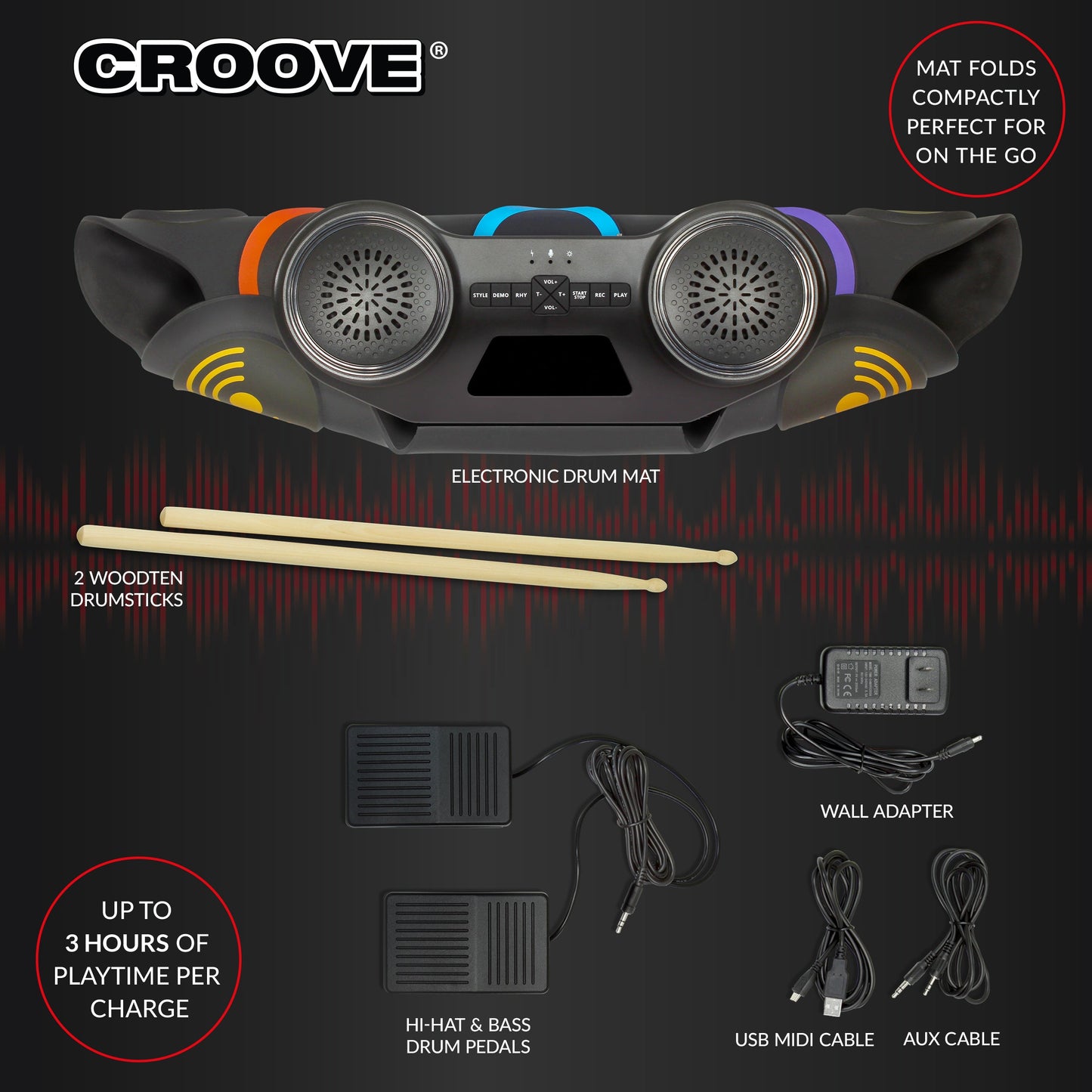 Croove Electronic Drum Set | 9 Drum Pads & 2 Pedals | Rechargeable Kids Drum Set | Headphone Jack Makes It A Great Drum Set For Kids | Wooden Drum Sticks