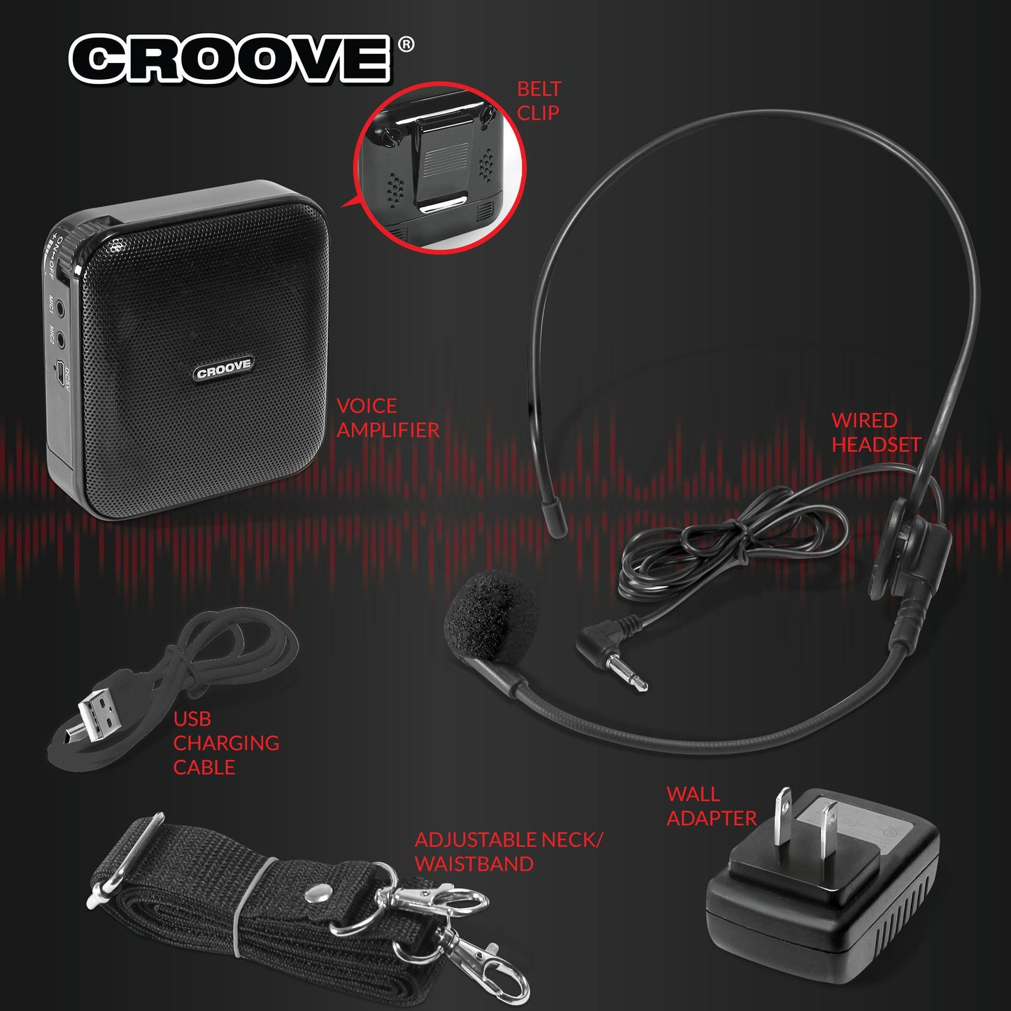 Croove Voice Amplifier: Portable Rechargeable Microphone with Headset & Belt Clip - Ideal for Classroom Teachers & Tour Guides