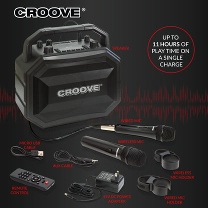 Croove Portable Karaoke Machine Party Box Rechargeable with Bluetooth/AUX/USB/SD Card Connectivity, Wireless & Wired Microphones, and Advanced Audio Controls