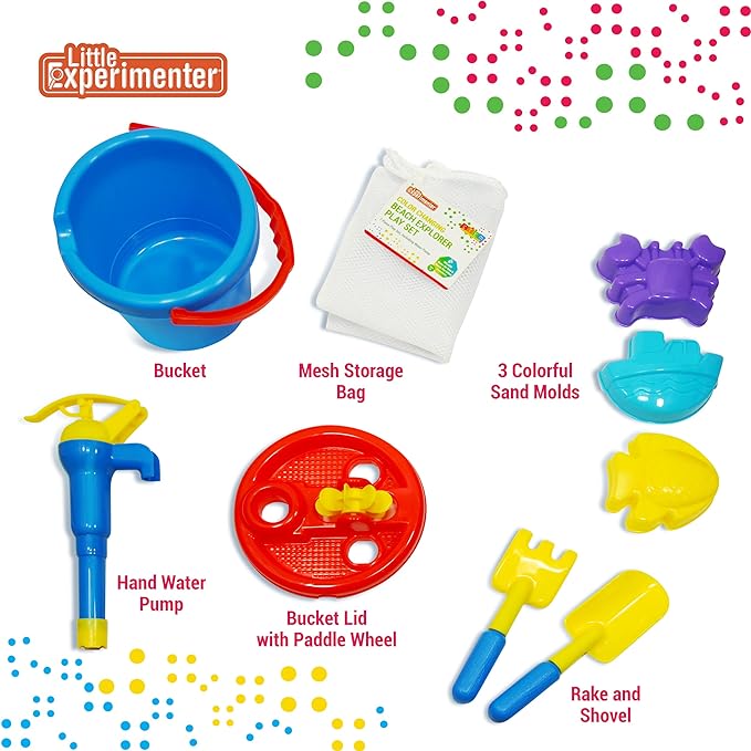 Little Experimenter Color Changing Beach Toy Set | Includes Bucket with Lid, Water Pump, Shovels and Molds | Outdoor, Beach, Sand Toys | STEM Learning Toys | Ages 3plus