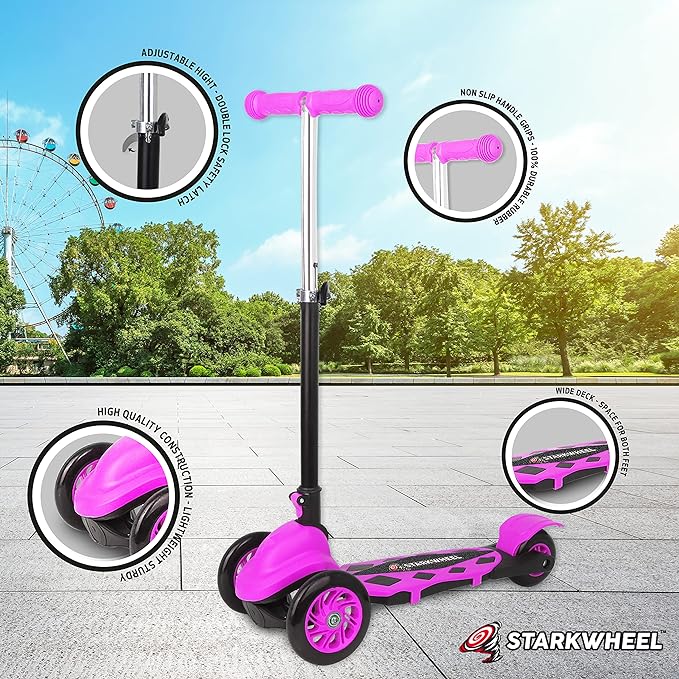 STARKWHEEL Kick Scooter for Toddlers 3 Wheel Scooter for Kids Ages 3-6 Boys & Girls Scooter, Mini Scooter for Children, Extra Wide Deck (Pink)