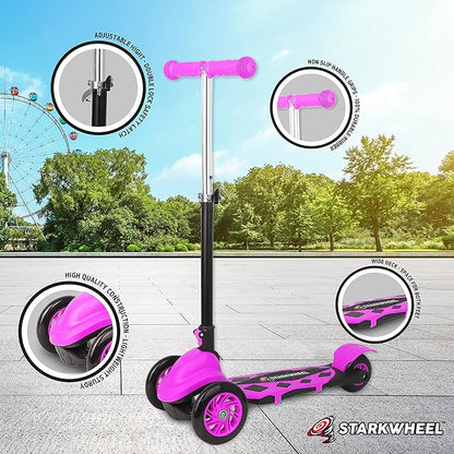 STARKWHEEL Kick Scooter for Toddlers 3 Wheel Scooter for Kids Ages 3-6 Boys & Girls Scooter, Mini Scooter for Children, Extra Wide Deck (Pink)