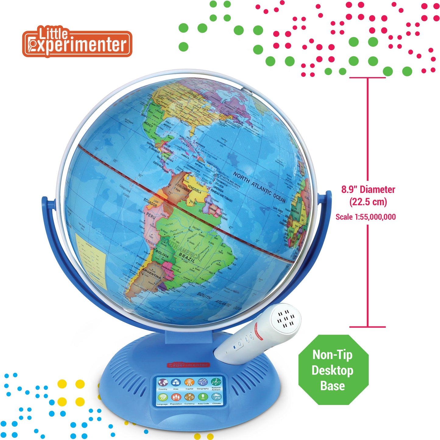 Interactive World Globe with Stand and Smart Pen | Engaging, Colorful Geographic Map for Teaching and Early Learning | Active Play, Voice Recordings, Trivia Questions, 9"