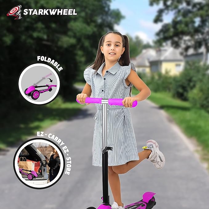 STARKWHEEL Kick Scooter for Toddlers 3 Wheel Scooter for Kids Ages 3-6 Boys & Girls Scooter, Mini Scooter for Children, Extra Wide Deck (Pink)