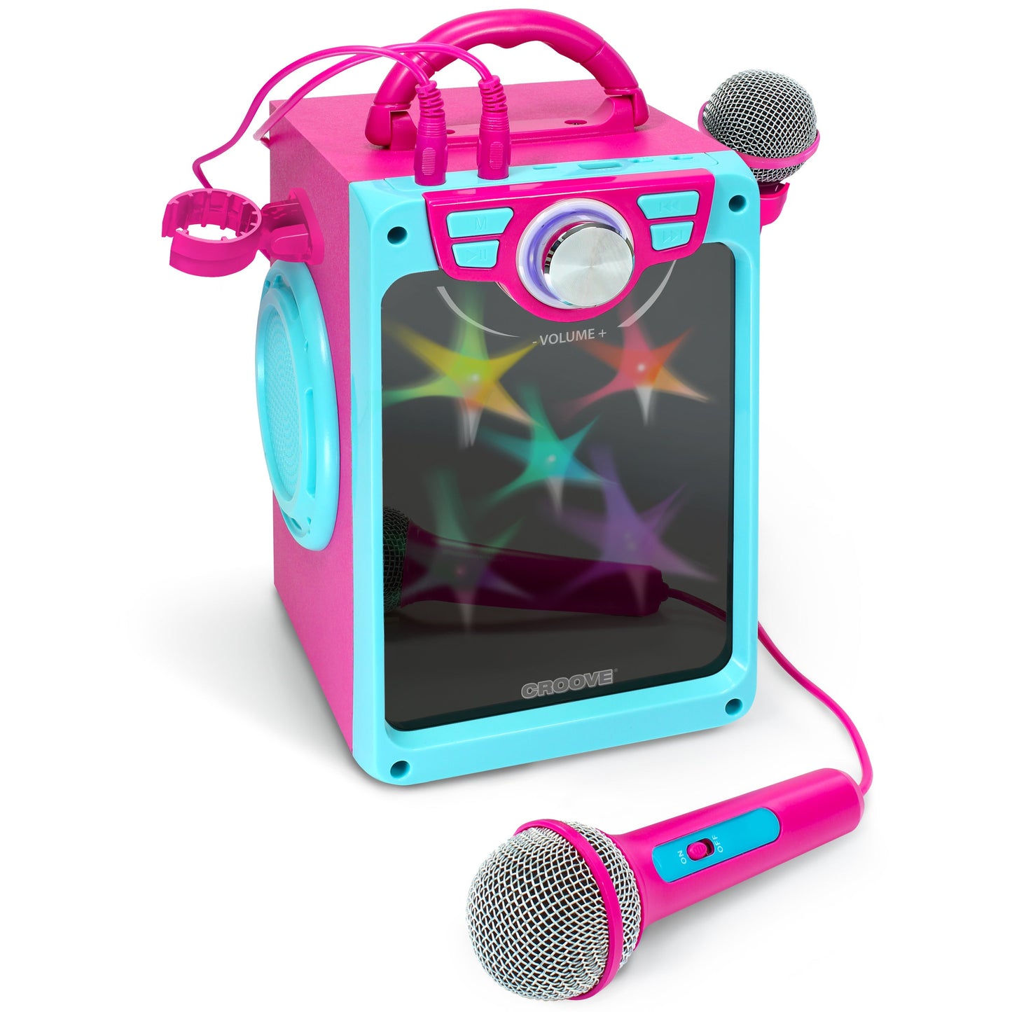 Croove POP Box Karaoke Machine for Kids with 2 Microphones and Flashing Disco Lights (Pink)