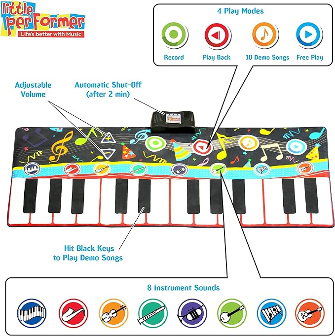 Little Performer Piano Dance Mat for Kids | 24 Key 70” Giant Floor Piano Music Mat | Electronic Step-On Piano Keyboard for Girls and Boys 3 Plus | Dance mat for Kids | Piano Mat for Toddlers 1-3